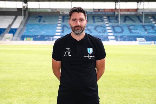 Co coach Andre Kilian 1 FC Magdeburg 2 Soccer Bundesliga season 2024 2025 Photo session 1 FC Magdeburg with new additions and team in the new home jersey at the AVNET Arena in Magdeburg Soccer,Man,Men,Germany,18 06 2024