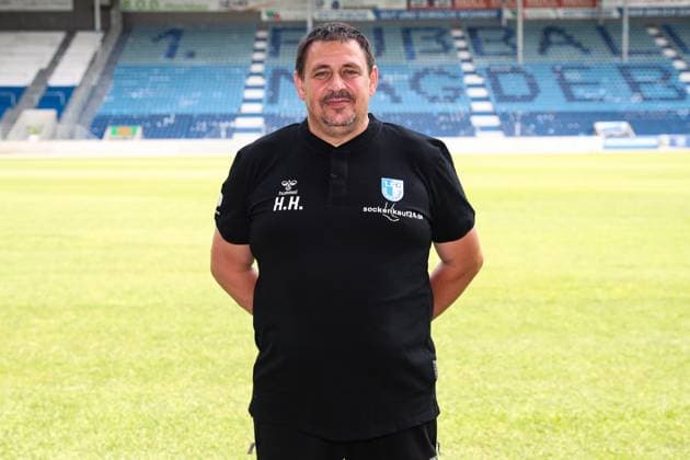 Equipment manager Heiko Horner 1 FC Magdeburg 2 Soccer Bundesliga season 2024 2025 Photo session 1 FC Magdeburg with new additions and team in the new home jersey in the AVNET Arena in Magdeburg Soccer,Man,Men,Germany,18 06 2024