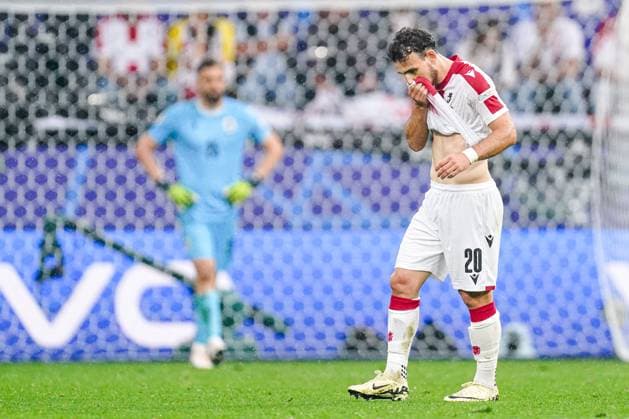 2024-06-18 Turkiye v Georgia - Group F - UEFA EURO, EM, Europameisterschaft,Fussball 2024 DORTMUND, GERMANY - JUNE 18: Anzor Mekvabishvili of Georgia looks dejected after conceding his sides second goal and rubbing his shirt over his face during the Group F - UEFA EURO 2024 match between Turkiye and Georgia at BVB Stadion Dortmund on June 18, 2024 in Dortmund, Germany. (Photo by Joris Verwijst BSR Agency) Dortmund Germany Content not available for redistribution in The Netherlands directly or indirectly through any third parties. Copyright: xBSRxAgencyx