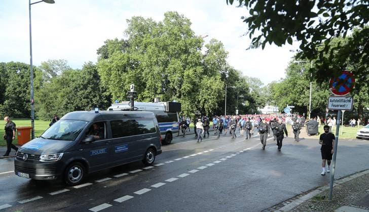 Police escort the fan march of the Czech fans, branches from the storm lie on the road Sport Football Soccer European Championship Euro 2024 European Championship Men Season 2023 2024 18 06 2024 Portugal POR vs Czech Republic CZE in Leipzig DFL regulations prohibit any use of photographs as image sequences and or quasi video