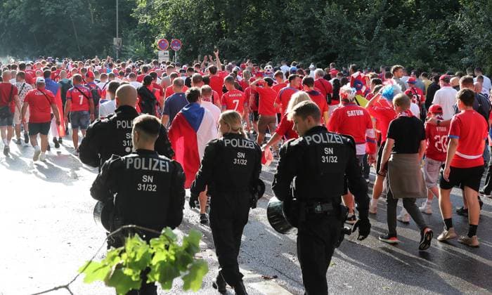 Police escort the fan march of the Czech fans, branches from the storm lie on the road Sport Football Soccer European Championship Euro 2024 European Championship Men Season 2023 2024 18 06 2024 Portugal POR vs Czech Republic CZE in Leipzig DFL regulations prohibit any use of photographs as image sequences and or quasi video