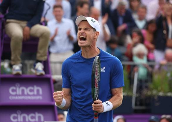 18th June 2024; Cinch Championships, Queens Club, West Kensington, London, England: Cinch Championships Queens Club, Day 2; Andy Murray (GBR) celebrates after defeating Alexei Popyrin (AUS) by two sets to one  ActionPlus12656504 JohnxPatrickxFletcher