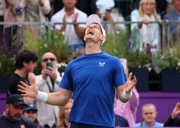 18th June 2024; Cinch Championships, Queens Club, West Kensington, London, England: Cinch Championships Queens Club, Day 2; Andy Murray (GBR) celebrates after defeating Alexei Popyrin (AUS) by two sets to one  ActionPlus12656505 JohnxPatrickxFletcher
