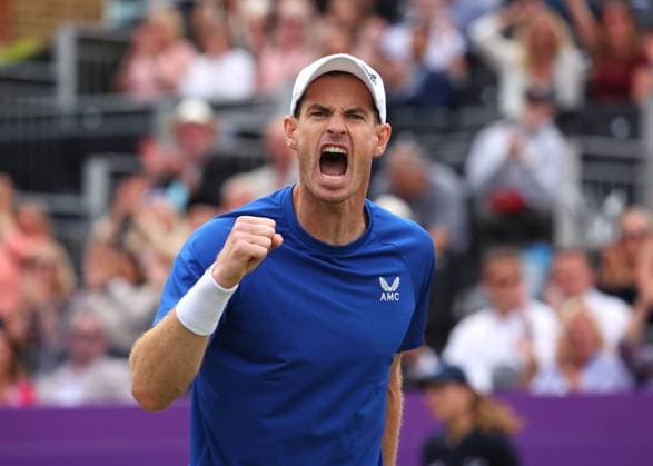 18th June 2024; Cinch Championships, Queens Club, West Kensington, London, England: Cinch Championships Queens Club, Day 2; Andy Murray (GBR) celebrates after winning a vital game againt Alexei Popyrin (AUS) during the third set, mens singles match  ActionPlus12656508 JohnxPatrickxFletcher