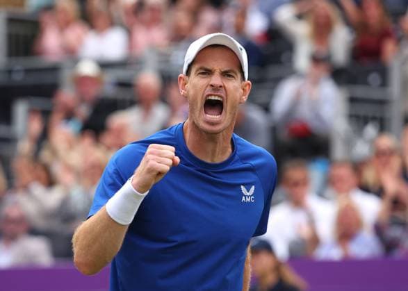 18th June 2024; Cinch Championships, Queens Club, West Kensington, London, England: Cinch Championships Queens Club, Day 2; Andy Murray (GBR) celebrates after winning a vital game againt Alexei Popyrin (AUS) during the third set, mens singles match  ActionPlus12656512 JohnxPatrickxFletcher