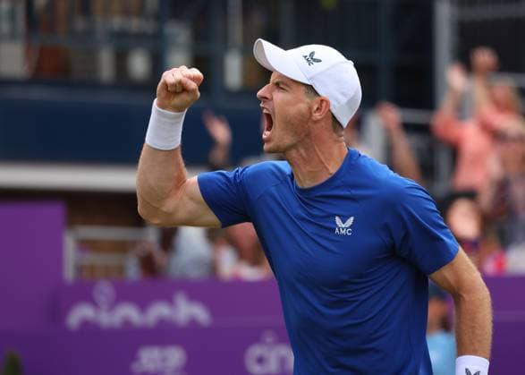 18th June 2024; Cinch Championships, Queens Club, West Kensington, London, England: Cinch Championships Queens Club, Day 2; Andy Murray (GBR) celebrates after winning a vital game againt Alexei Popyrin (AUS) during the third set, mens singles match  ActionPlus12656514 JohnxPatrickxFletcher