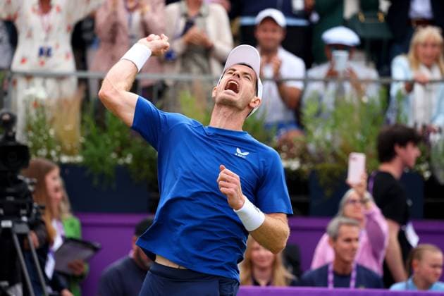 18th June 2024; Cinch Championships, Queens Club, West Kensington, London, England: Cinch Championships Queens Club, Day 2; Andy Murray (GBR) celebrates after defeating Alexei Popyrin (AUS) by two sets to one, mens singles match  ActionPlus12656516 JohnxPatrickxFletcher