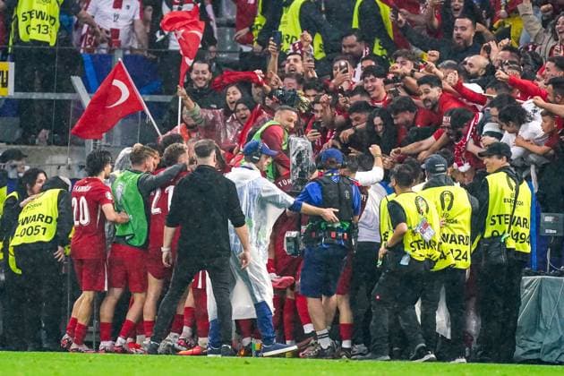 2024-06-18 Turkiye v Georgia - Group F - UEFA EURO, EM, Europameisterschaft,Fussball 2024 DORTMUND, GERMANY - JUNE 18: Muhammed Kerem Akturkoglu of Turkiye celebrates after scoring his teams third goal during the Group F - UEFA EURO 2024 match between Turkiye and Georgia at BVB Stadion Dortmund on June 18, 2024 in Dortmund, Germany. (Photo by Joris Verwijst BSR Agency) Dortmund Germany Content not available for redistribution in The Netherlands directly or indirectly through any third parties. Copyright: xBSRxAgencyx