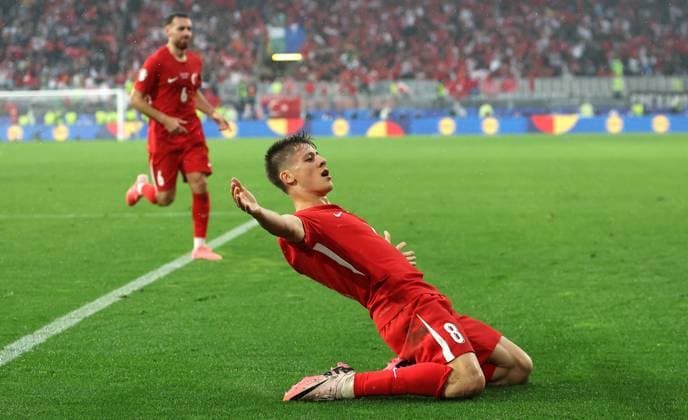 Arda Güler of Türkiye celebrates scoring a goal to make the score 2-1 Turkiye v Georgia, UEFA European Championship, EM, Europameisterschaft 2024, Group F, Football, BVB Stadion, Dortmund, Germany, 18 Jun 2024 EDITORIAL USE ONLY No use with unauthorised audio, video, data, fixture lists, club league logos or live services. Online in-match use limited to 120 images, no video emulation. No use in betting, games or single club league player publications. Copyright: xPaulxCurrie Shutterstockx 14543470dh