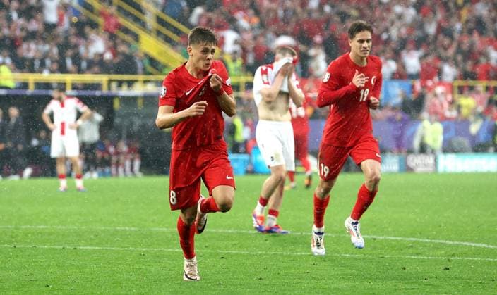Arda Güler of Türkiye celebrates scoring a goal to make the score 2-1 Turkiye v Georgia, UEFA European Championship, EM, Europameisterschaft 2024, Group F, Football, BVB Stadion, Dortmund, Germany, 18 Jun 2024 EDITORIAL USE ONLY No use with unauthorised audio, video, data, fixture lists, club league logos or live services. Online in-match use limited to 120 images, no video emulation. No use in betting, games or single club league player publications. Copyright: xPaulxCurrie Shutterstockx 14543470dp
