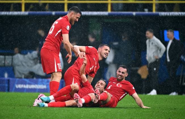 Football, European Championship, EURO 2024, Group F, Signal Iduna Park Dortmund Turkey Georgia 3 1 Final cheer Salih Özcan TUR , Merih Demiral TUR , Yusuf Yazici TUR , Orkun Kökcü TUR Cheers, joy, action