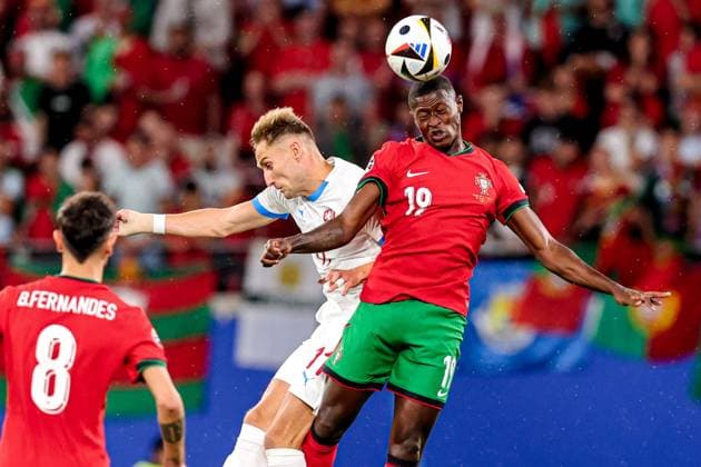 2024-06-18 Portugal v Czechia - Group F - UEFA EURO, EM, Europameisterschaft,Fussball 2024 LEIPZIG, GERMANY - JUNE 18: Jan Kuchta of Czechia heads the ball with Nuno Mendes of Portugal during the Group F - UEFA EURO 2024 match between Portugal and Czechia at Red Bull Arena on June 18, 2024 in Leipzig, Germany. (Photo by Peter Lous BSR Agency) Leipzig Germany Content not available for redistribution in The Netherlands directly or indirectly through any third parties. Copyright: xBSRxAgencyx