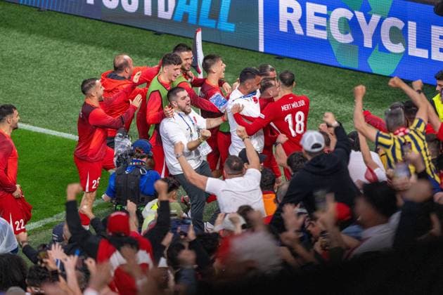 GER, EURO 2024, Group F, Turkey Tur vs Georgia GEO 18 06 2024, BVB Stadium Dortmund, Dortmund, GER, EURO 2024, Group F, Turkey Tur vs Georgia GEO In the picture Cheering after the goal for the 3 1 goal cheering cheering cheering by Kerem Aktuerkoglu Turkey TUR, 07 who pushed the ball into the empty goal happiness joy joy bath in the crowd nordphotoxGmbHxx xDenkinger nph00015