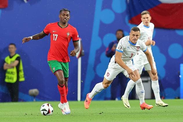 Portugal Czech Republic UEFA EURO 2024 Leipzig, 18 06 2024, Leipzig Stadium, UEFA EURO 2024 Germany , Gr F Preliminary Round , PORTUGAL vs CZECH REPUBLIC , Pictured from l Rafael Leao 17, Portugal and Tomas Vlcek 3, Czech Republic