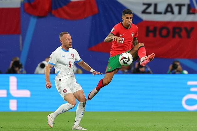 Portugal Czech Republic UEFA EURO 2024 Leipzig, 18 06 2024, Leipzig Stadium, UEFA EURO 2024 Germany , Gr F Preliminary Round , PORTUGAL vs CZECH REPUBLIC , In the picture from l Vladimir Coufal 5, Czech Republic and Joao Cancelo 20, Portugal