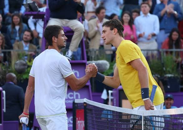 18th June 2024; Cinch Championships, Queens Club, West Kensington, London, England: Cinch Championships Queens Club, Day 2; Jack Draper (GBR) shakes hands with Mariano Navone (ARG) after defeating his appointment by two sets, mens singles match  ActionPlus12656666 JohnxPatrickxFletcher