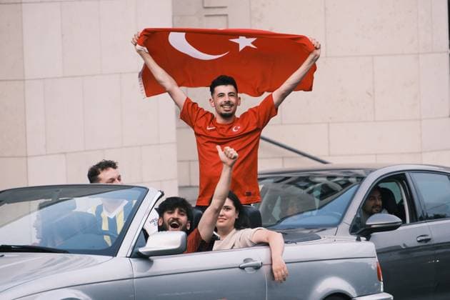 18 06 2024 Kassel European Football Championship 2024 UEFA EURO 2024 Turkish fans celebrate in Kassel after the Turkish European Championship teams victory over Georgia