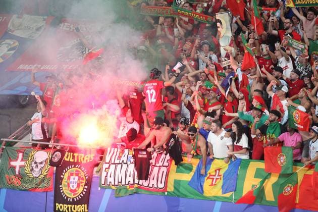 Leipzig, Saxony-Anhalt, Germany, 18 06 2024 Red Bull Arena European Football Championship 2024, Group F, Portugal Czech Republic Swathes of smoke over the Portuguese fan block Copyright: xdtsxNachrichtenagenturx dts_40681
