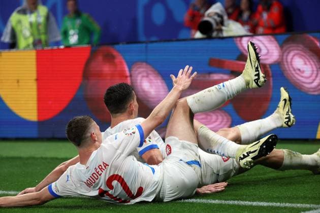 Portugal Czech Republic UEFA EURO 2024 Leipzig, 18 06 2024, Leipzig Stadium, UEFA EURO 2024 Germany , Gr F Preliminary Round , PORTUGAL vs CZECH REPUBLIC , Goal for Czech Republic 0 1 In the picture David Doudera 12, Czech Republic and scorer Lukas Provod 14, Czech Republic , Goal celebration , Picture Point