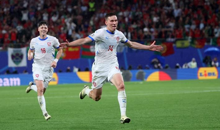 Portugal Czech Republic UEFA EURO 2024 Leipzig, 18 06 2024, Leipzig Stadium, UEFA EURO 2024 Germany , Gr F Preliminary Round , PORTUGAL vs CZECH REPUBLIC , Goal for Czech Republic 0 1 In the picture goal scorer Lukas Provod 14, Czech Republic , Goal celebration , Picture Point