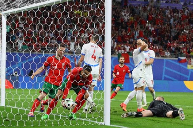 Portugal Czech Republic UEFA EURO 2024 Leipzig, 18 06 2024, Leipzig Stadium, UEFA EURO 2024 Germany , Gr F Preliminary Round , PORTUGAL vs CZECH REPUBLIC , In picture Goal for Portugal, Robin Hranac 4, Czech Republic scores own goal
