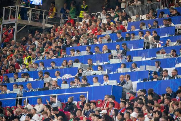 Football, men, 2023 24 season, UEFA Euro 20204, Group F 1 matchday in Leipzig, Portugal Czech Republic, the press gallery, 18 06 2024, Copyright: xMatthiasxKochx