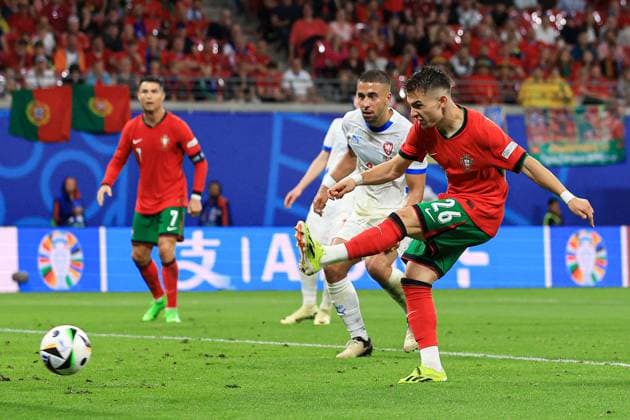 Francisco Conceicao of Portugal scores a goal for their side to make it 2-1 Portugal v Czechia, UEFA European Championship, EM, Europameisterschaft 2024, Group F, Football, Leipzig Stadium, Leipzig, Germany, 18 Jun 2024 EDITORIAL USE ONLY No use with unauthorised audio, video, data, fixture lists, club league logos or live services. Online in-match use limited to 120 images, no video emulation. No use in betting, games or single club league player publications.  Copyright: xMattxWest Shutterstockx 14543474cy
