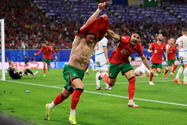 Francisco Conceicao of Portugal celebrates scoring a goal for their side to make it 2-1 Portugal v Czechia, UEFA European Championship, EM, Europameisterschaft 2024, Group F, Football, Leipzig Stadium, Leipzig, Germany, 18 Jun 2024 EDITORIAL USE ONLY No use with unauthorised audio, video, data, fixture lists, club league logos or live services. Online in-match use limited to 120 images, no video emulation. No use in betting, games or single club league player publications.  Copyright: xMattxWest Shutterstockx 14543474db