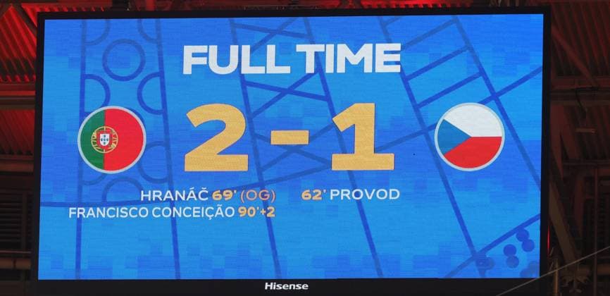 Portugal Czech Republic UEFA EURO 2024 Leipzig, 18 06 2024, Leipzig Stadium, UEFA EURO 2024 Germany , Gr F Preliminary Round , PORTUGAL vs CZECH REPUBLIC 2 1 0 0 , In the picture scoreboard with the result 2 victory for Portugal , Picture Point