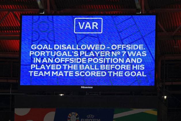 VAR decision for Cristiano Ronaldo of Portugal offside on the big screen Portugal v Czechia, UEFA European Championship, EM, Europameisterschaft 2024, Group F, Football, Leipzig Stadium, Leipzig, Germany, 18 Jun 2024 EDITORIAL USE ONLY No use with unauthorised audio, video, data, fixture lists, club league logos or live services. Online in-match use limited to 120 images, no video emulation. No use in betting, games or single club league player publications. Copyright: xMattxWest Shutterstockx 14543474dr