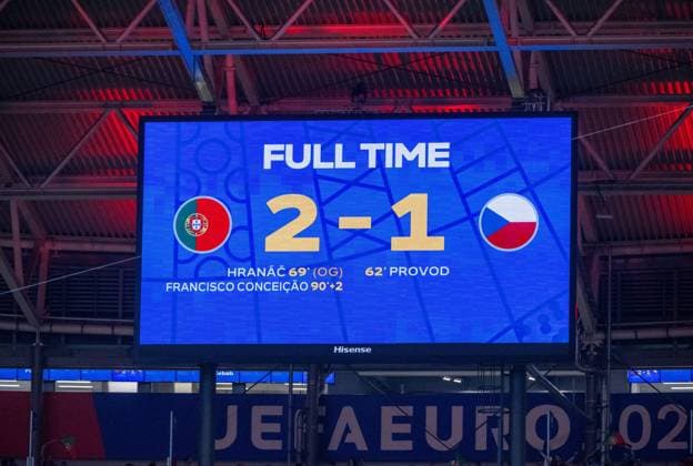 Football, men, 2023 24 season, UEFA Euro 20204, Group F 1 matchday in Leipzig, Portugal Czech Republic, scoreboard with 2 1 final score, 18 06 2024, Copyright: xMatthiasxKochx
