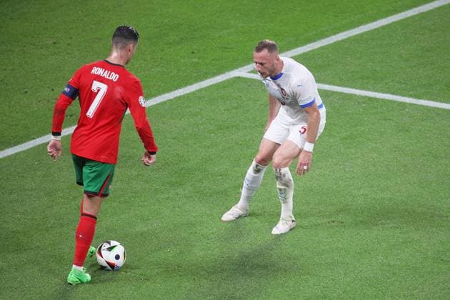 Leipzig, Saxony-Anhalt, Germany, 18 06 2024 Red Bull Arena European Football Championship 2024, Group F, Portugal Czech Republic Cristiano Ronaldo 7, Portugal faces Tomas Holes 3, Czech Republic Copyright: xdtsxNachrichtenagenturx dts_40671
