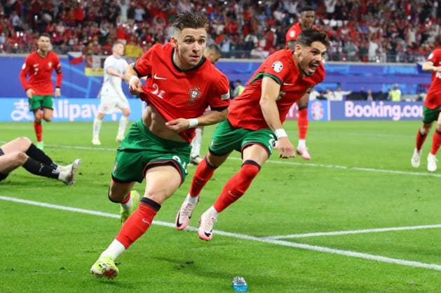Portugal Czech Republic UEFA EURO 2024 Leipzig, 18 06 2024, Leipzig Stadium, UEFA EURO 2024 Germany , Gr F Preliminary Round , PORTUGAL vs CZECHIA 2 1 0 0 , In the picture goal for Portugal, goal celebration after the 2 1, scorer Francisco Conceicao 26, Portugal