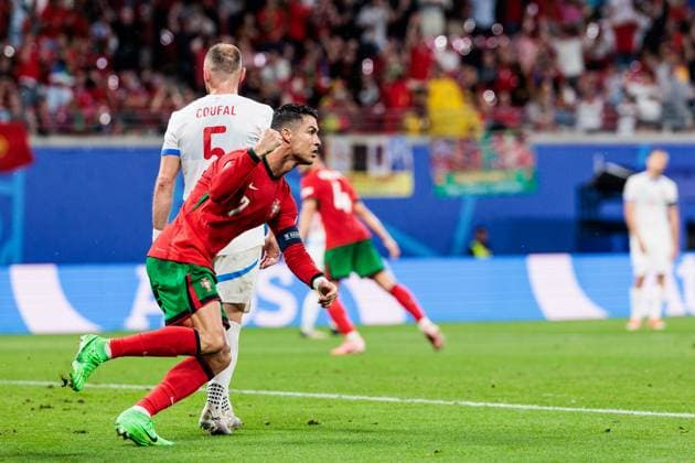 UEFA EURO 2024 Portugal Czech Republic 18 06 2024 Cristiano Ronaldo dos Santos Aveiro Portugal, 7 cheers after Diogo Jota Portugals would-be goal, 21 UEFA EURO 2024 Portugal Czech Republic Leipzig Stadium, Leipzig on 18 06 2024 Copyright: xBEAUTIFULxSPORTS Wunderlx