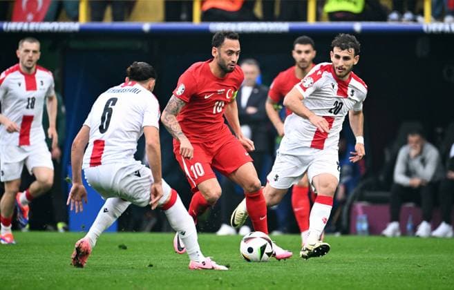 Football, European Championship, EURO 2024, Group F, Signal Iduna Park Dortmund Turkey Georgia 3 1 Giorgi Kochorashvili GEO , Hakan Calhanoglu TUR , Anzor Mekvabishvili GEO Action