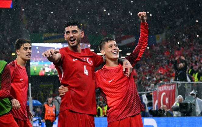 Football, European Championship, EURO 2024, Group F, Signal Iduna Park Dortmund Turkey Georgia 3 1 Arda Güler TUR and Samet Akaydin TUR celebrate after the match Cheers, joy, action