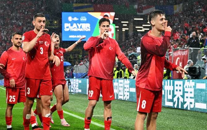 Football, European Championship, EURO 2024, Group F, Signal Iduna Park Dortmund Turkey Georgia 3 1 Arda Güler TUR , Kenan Yildiz TUR and Merih Demiral TUR celebrate after the match Cheers, joy, action
