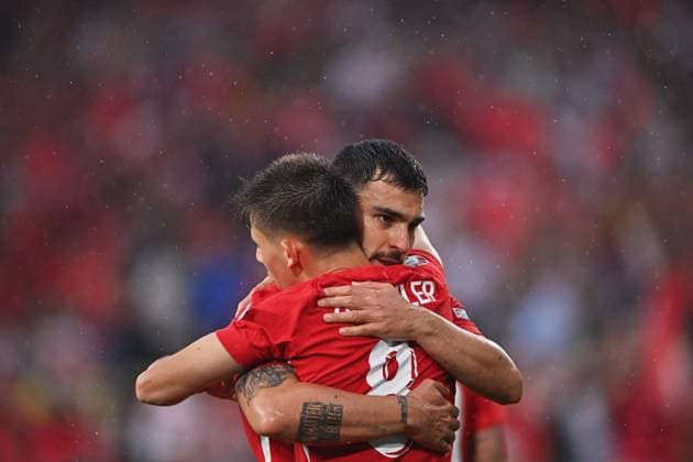 Germany Soccer Euro 2024 Turkey - Georgia 8710834 18.06.2024 Turkey s Kaan Ayhan and Arda Guler celebrate the team s second goal during the UEFA EURO, EM, Europameisterschaft,Fussball 2024 Group F soccer match between Turkey and Georgia at the BVB Stadion in Dortmund, Germany. Alexey Filippov Sputnik Dortmund Germany  Copyright: xAlexeyxFilippovx