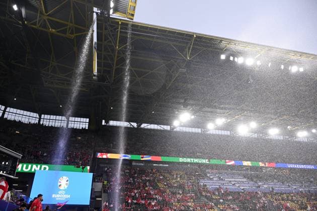 Germany Soccer Euro 2024 Turkey - Georgia 8710555 18.06.2024 A view shows the BVB Stadion during heavy rain ahead of the UEFA EURO, EM, Europameisterschaft,Fussball 2024 Group F soccer match between Turkey and Georgia in Dortmund, Germany. Alexey Filippov Sputnik Dortmund Germany  Copyright: xAlexeyxFilippovx