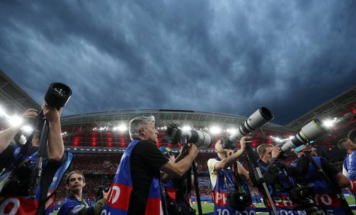 thick thunderclouds over the Leipzig stadium shortly before the start of the match, photographers Sport Football Soccer European Championship Euro 2024 European Championship Men Season 2023 2024 18 06 2024 Portugal POR vs Czech Republic CZE in Leipzig DFL regulations prohibit any use of photographs as image sequences and or quasi video