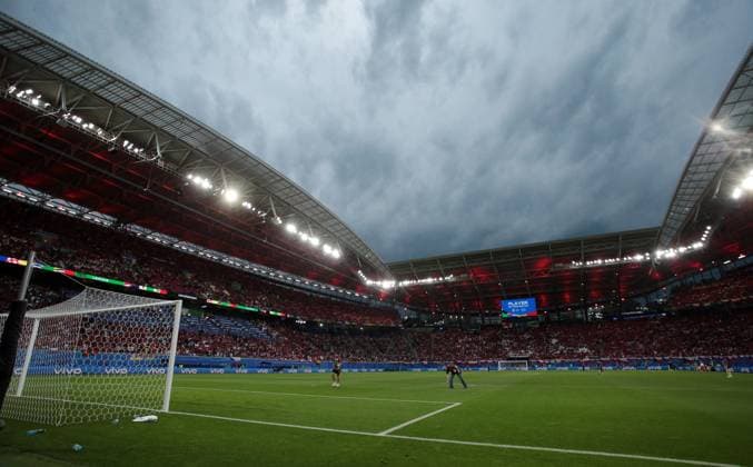 thick thunderclouds over the Leipzig stadium shortly before the start of the match rain clouds thunderstorms sport soccer soccer European Championship Euro 2024 European Championship men season 2023 2024 18 06 2024 Portugal POR vs Czech Republic CZE in Leipzig DFL regulations prohibit any use of photographs as image sequences and or quasi video