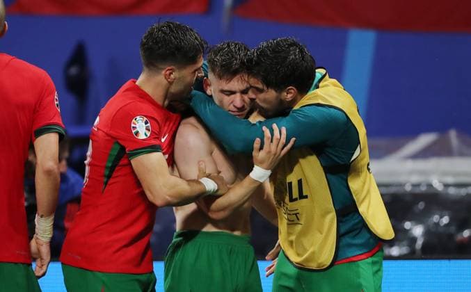 Francisco Conceicao cheers after 2 1 with Pedro Neto, Ruben Neves joy emotion jubilation Sport Football Soccer European Championship Euro 2024 European Championship Men Season 2023 2024 18 06 2024 Portugal POR vs Czech Republic CZE in Leipzig DFL regulations prohibit any use of photographs as image sequences and or quasi video