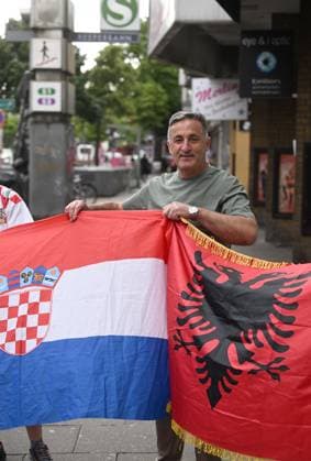 PXL_Arber Hoxha father Uke Hoxha, father od Albanican football player Erber Hoyha, enjoy atmosphere in Hamburg, Germany on 19. June 2024. before UEFA EURO, EM, Europameisterschaft,Fussball 2024 match Croatia - Albania. MarkoxLukunic PIXSELL