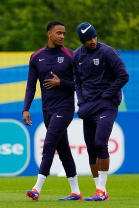 Ezri Konsa of England and Jude Bellingham of England England Training Session, UEFA European Championship, EM, Europameisterschaft 2024, Group C, Football, Spa & Golf Resort Weimarer Land, Blankenhain, Germany, 19 Jun 2024 EDITORIAL USE ONLY No use with unauthorised audio, video, data, fixture lists, club league logos or live services. Online in-match use limited to 120 images, no video emulation. No use in betting, games or single club league player publications.  Copyright: xDavexShopland Shutterstockx 14546613y