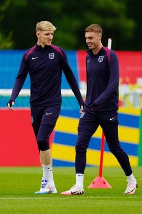 Anthony Gordon of England and Cole Palmer of England England Training Session, UEFA European Championship, EM, Europameisterschaft 2024, Group C, Football, Spa & Golf Resort Weimarer Land, Blankenhain, Germany, 19 Jun 2024 EDITORIAL USE ONLY No use with unauthorised audio, video, data, fixture lists, club league logos or live services. Online in-match use limited to 120 images, no video emulation. No use in betting, games or single club league player publications.  Copyright: xDavexShopland Shutterstockx 14546613az
