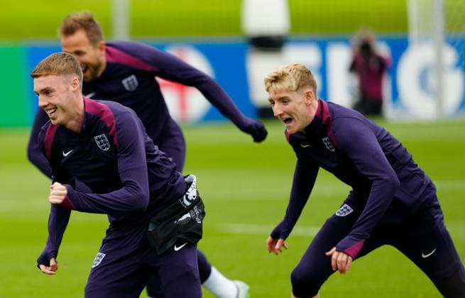 Cole Palmer and Anthony Gordon of England Denmark Training, UEFA European Championship, EM, Europameisterschaft 2024, Group C, Football, Frankfurt Arena, Frankfurt, Germany, 19 Jun 2024 EDITORIAL USE ONLY No use with unauthorised audio, video, data, fixture lists, club league logos or live services. Online in-match use limited to 120 images, no video emulation. No use in betting, games or single club league player publications.  Copyright: xDavexShopland Shutterstockx 14543914h