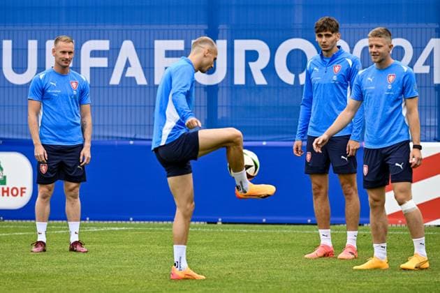 The Czech national football team prepares after the opening match of the European Championship, EM, Europameisterschaft against Portugal within the European Football Championships, in Leipzig, Germany, June 19, 2024. From left Petr Sevcik, Vaclav Cerny, Mojmir Chytil and Lukas Cerv. (CTKxPhoto VitxSimanek) CTKPhotoP2024061904363  CTKPhotoP2024061904363