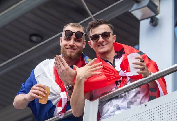 Football, men, season 2023 24, Euro 2024 Group B 2 matchday in Hamburg, Croatia Albania, Croatian and Albanian fans celebrate together in front of the stadium, 19 06 2024, Copyright: xSebastianxRäppold MatthiasxKochx