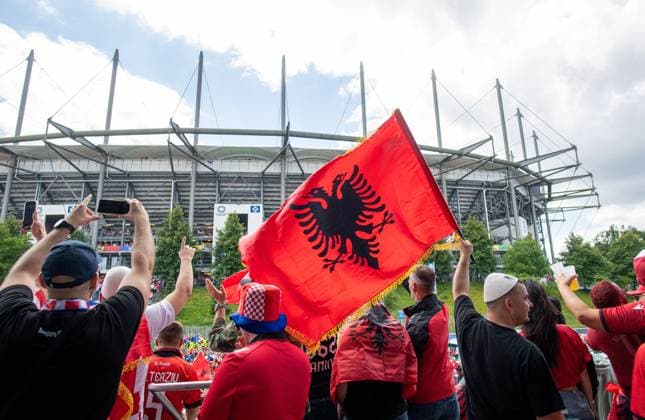 Football, men, season 2023 24, Euro 2024 Group B 2 matchday in Hamburg, Croatia Albania, Albanian fans celebrate in front of the stadium, 19 06 2024, Copyright: xSebastianxRäppold MatthiasxKochx