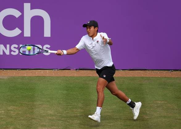 19th June 2024; Cinch Championships, Queens Club, West Kensington, London, England: Cinch Championships Queens Club, Day 3; Rinky Hijikata (AUS) with a forehand shot to Matteo Arnaldi (ITA), mens singles match  ActionPlus12656703 JohnxPatrickxFletcher